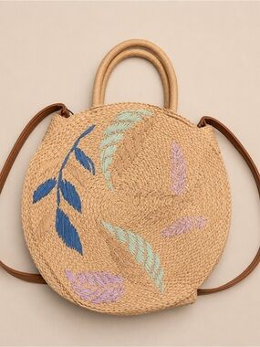 Round Woven Botanical Tote | Embroidered Straw Shoulder Bag | Resort Chic